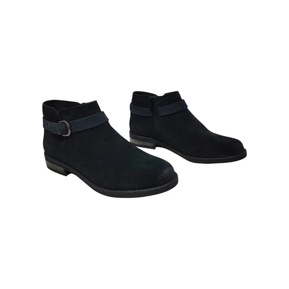 Clarks Ankle Boots 8.5 Women Demi Tone Black Suede Buckle Strap Zip Flat Bootie